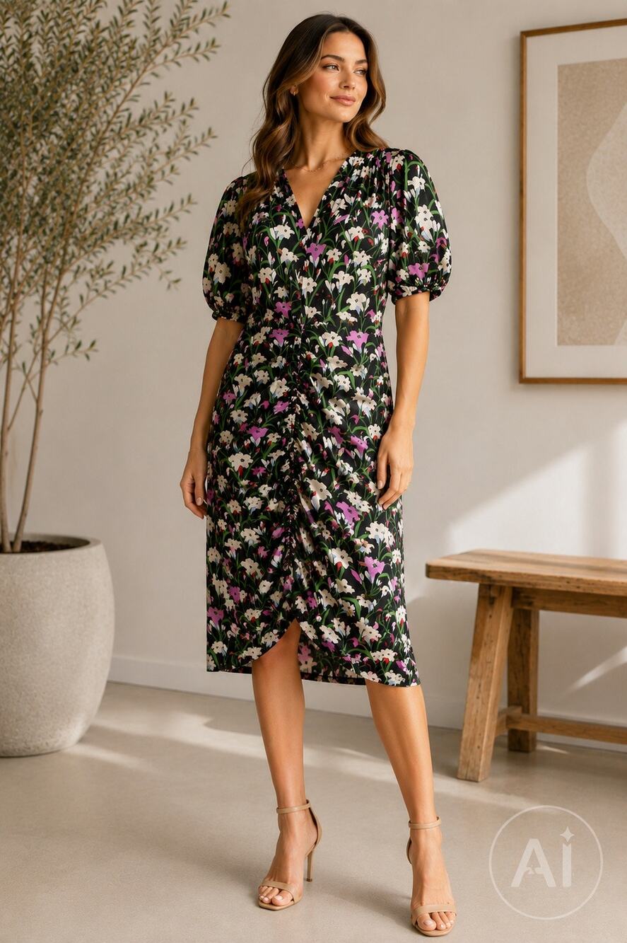 Veronica Beard Floral Ruched Midi Dress Size 6 Puff Sleeve Cottagecore Luxury